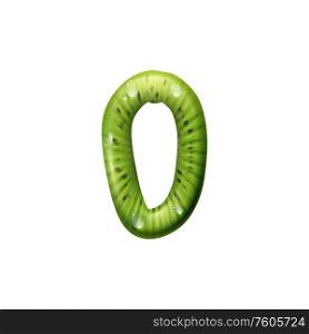 0 number of kiwi fruit isolated. Vector zero and green tropical food with water drops. Zero number, isolated 0 digit of kiwi fruit and drops