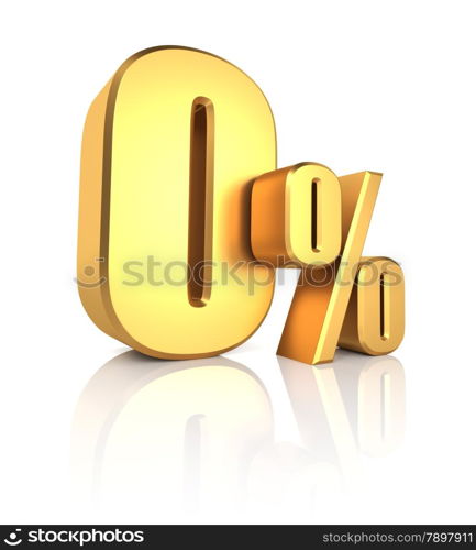 0 percent off. Gold metal letters on reflective floor. White background. Discount 3d render