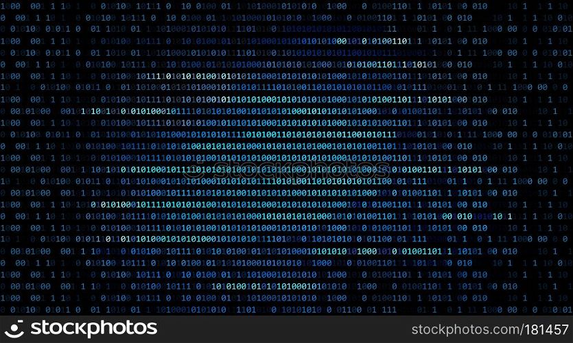 01 or binary code number on the computer in digital data technology concept on black background. Hacker screen display. 3d illustration