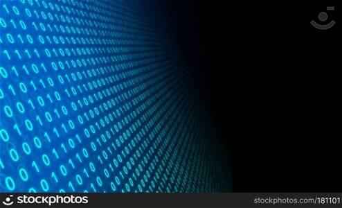 01 or binary number data on the computer screen on blue background, 3d illustration