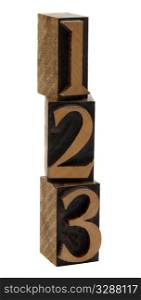 1, 2, 3 numbers in vintage wooden letterpress blocks, stained by black ink, stacked vertically, isolated on white