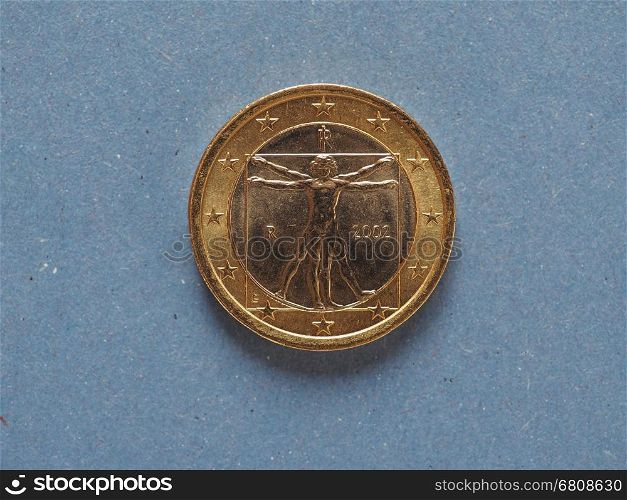 1 euro coin, European Union, Italy over blue. 1 euro coin money (EUR), currency of European Union, Italy over blue background