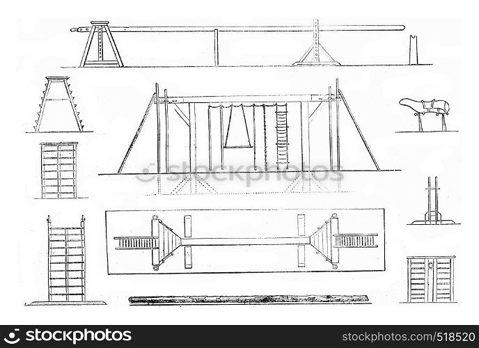 1. Mat, 2. Portico, 3. Plan gantry, 4. Tree Trunk, 5. Platform, 6. front view, 7. Large scale flat, 8. Horse, 9. Support, 10. Ladder, platform, vintage engraved illustration. Magasin Pittoresque 1845.