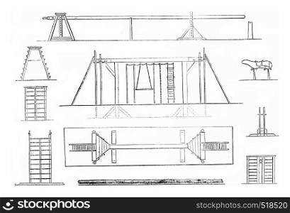 1. Mat, 2. Portico, 3. Plan gantry, 4. Tree Trunk, 5. Platform, 6. front view, 7. Large scale flat, 8. Horse, 9. Support, 10. Ladder, platform, vintage engraved illustration. Magasin Pittoresque 1845.