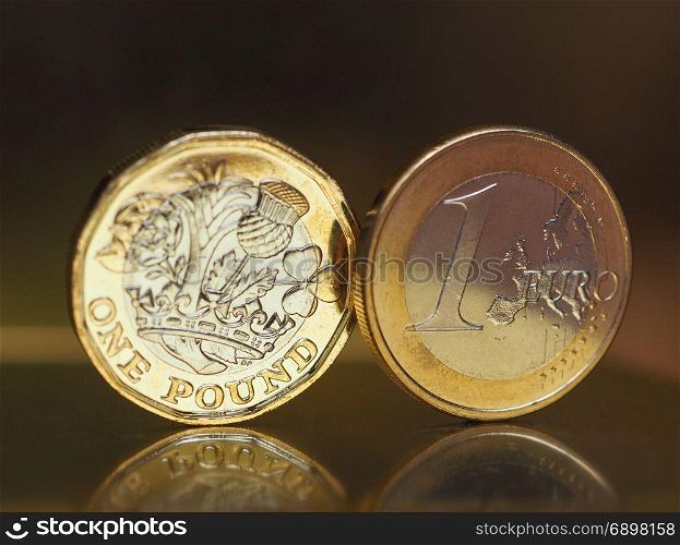 1 pound and 1 euro coin over metal background. 1 pound and 1 euro coin money over metallic background