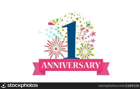 1 st year anniversary banner with open burst gift box. Template first birthday celebration and abstract text on white background vector illustration. 1 st year anniversary banner with open burst gift box. Template first birthday celebration and abstract text on white background illustration