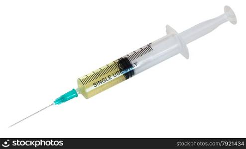 10 ml syringe filled with yellow infusion isolated on white background