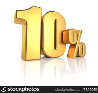 10 percent on white background. 3d rendering gold metal discount
