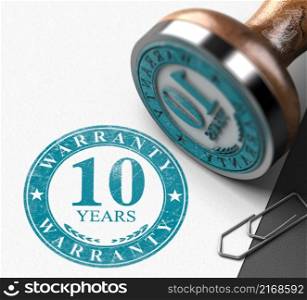 10 years warranty printed in blue color on paper background and rubber stamp. 3d illustration.. Warranty extension for ten years.