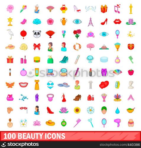 100 beauty icons set in cartoon style for any design vector illustration. 100 beauty icons set, cartoon style