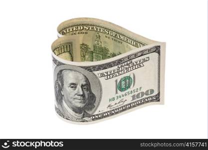 $ 100 bill in a heart shape on white background