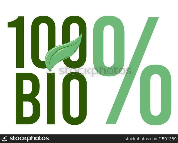 100 bio word or text with green leaf. Handwritten lettering. vector illustration