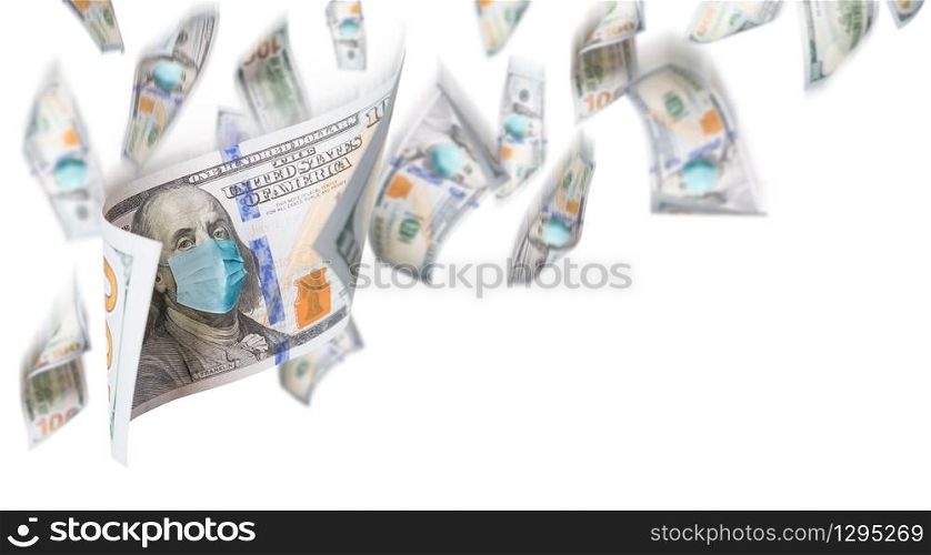 100 Dollar Bills with Medical Face Mask Falling From Above On White Background.