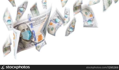 100 Dollar Bills with Medical Face Mask Falling From Above On White Background.