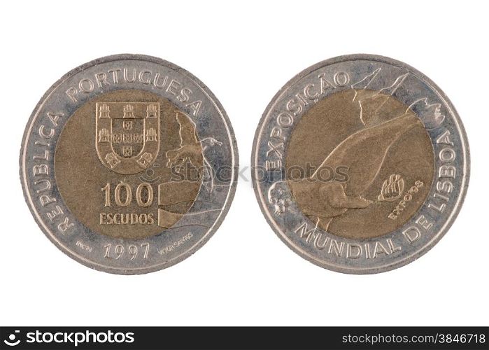 ""100 escudos" Portuguese coin,1997 isolated on white background."