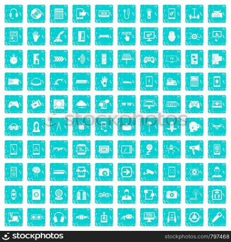 100 gadget icons set in grunge style blue color isolated on white background vector illustration. 100 gadget icons set grunge blue