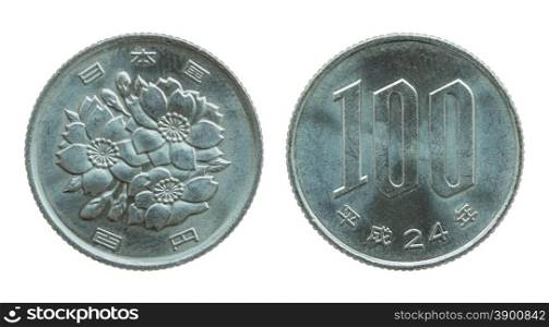 100 japanese yen coin isolated on white with clipping path
