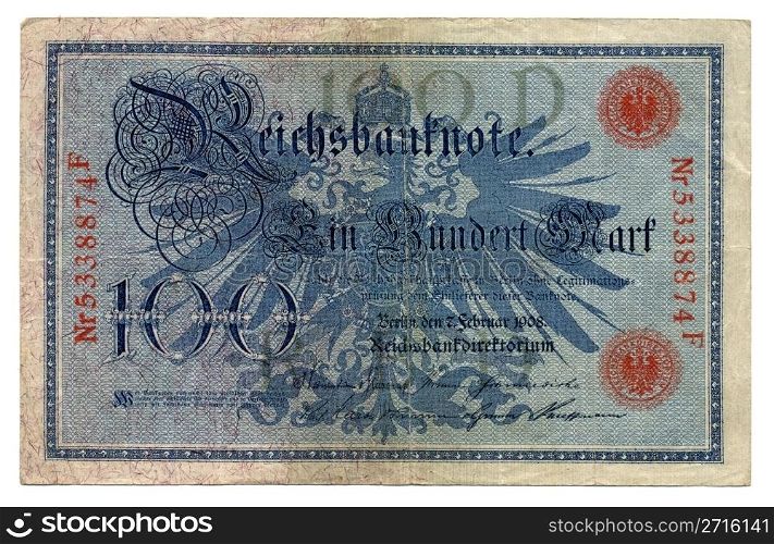 100 Mark. Vintage withdrawn 100 Mark banknote of the Deutsches Reich (German Empire), year 1908