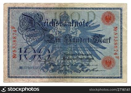 100 Mark. Vintage withdrawn 100 Mark banknote of the Deutsches Reich (German Empire), year 1908