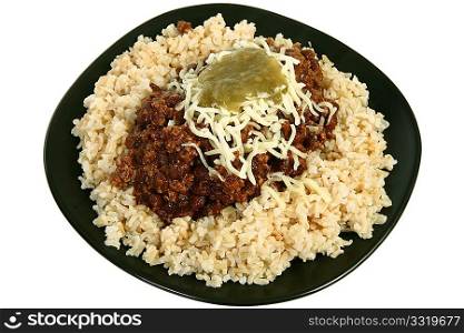 100% Organic ingredients. Buffalo and black bean chili over brown rice with organic cheddar and salsa on top.