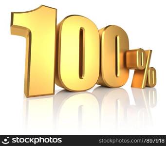 100 percent on white background. 3d render golden metal discount