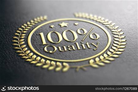 100% Quality Guarantee Golden Stamp Over Black Background, 3d illustration. High Quality Guarantee Golden Stamp, Guaranteed Satisfaction Concept