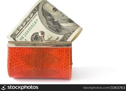 100 US dollar banknote in small orange wallet, isolated on white background.