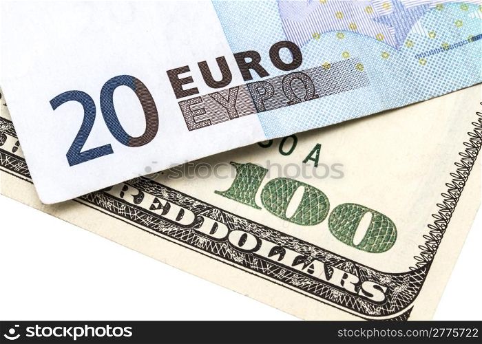 100 USD and 20 EURO isolated on white background
