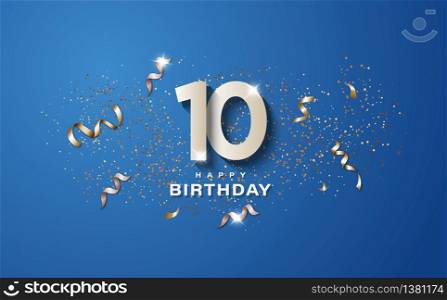 10th birthday with white numbers on a blue background. Happy birthday banner concept event decoration. Illustration stock