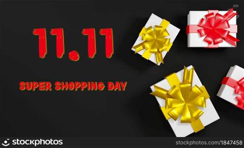 11.11 Single day sale. Banner gift boxes on black background with copy space for text, banner template design, Boxing Day composition, Sale promotion super shopping day concept, 3D render illustration
