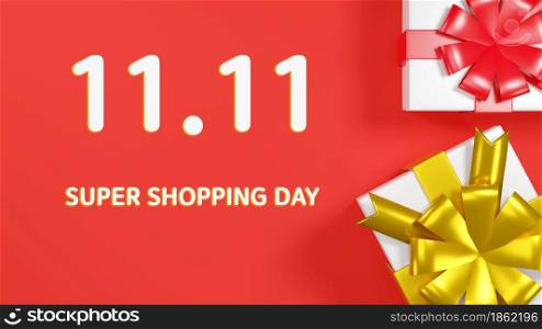 11.11 Single day sale. Banner gift boxes on red background with copy space for text, banner template design, Boxing Day composition, Sale promotion super shopping day concept, 3D render illustration