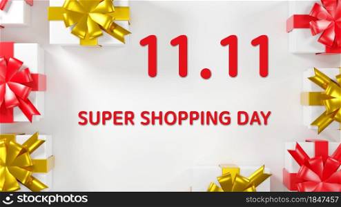 11.11 Single day sale. Banner gift boxes on white background with copy space for text, banner template design, Boxing Day composition, Sale promotion super shopping day concept, 3D render illustration