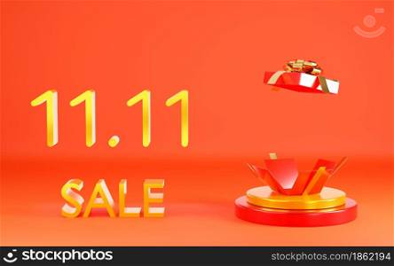 11.11 Single day sale. Banner with red gift box on podium scene on red background, banner template design for social media and website, Sale promotion super shopping day concept, 3D illustration