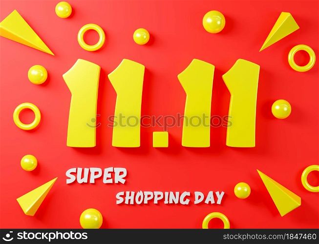 11.11 Single day sale festival concept. Banner yellow 11.11 number on red background, banner template design, Sale promotion super shopping day, 3D render illustration