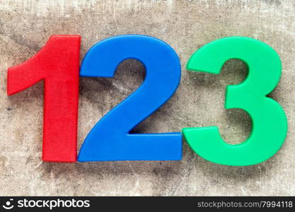 123 colorful plastic number on the canvas background