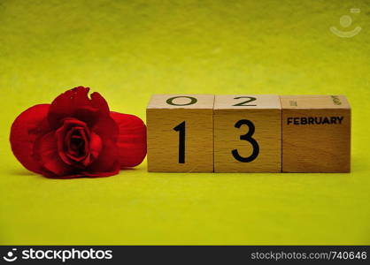 13 February on wooden blocks with a red flower on a yellow background