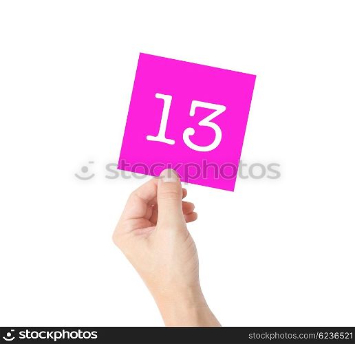 13 written on a card held by a hand