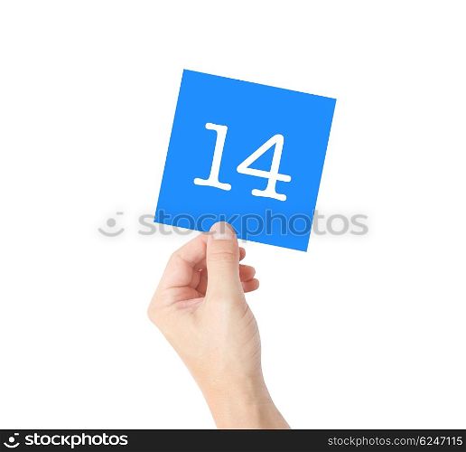 14 written on a card held by a hand