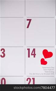 14th February on a calendar with hearts and copy space