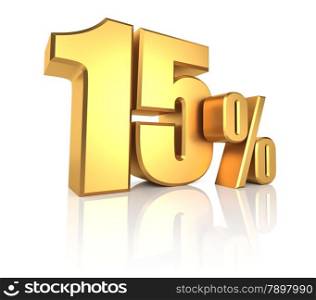 15 percent on white background. 3d rendering golden metal discount
