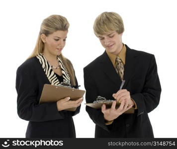 15 year old boy and girl in suits with clipboards.