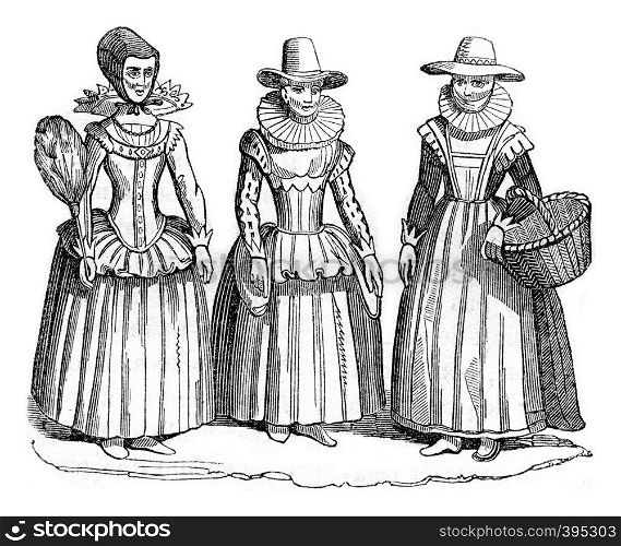 1655 costumes, vintage engraved illustration. Colorful History of England, 1837.
