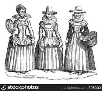 1655 costumes, vintage engraved illustration. Colorful History of England, 1837.
