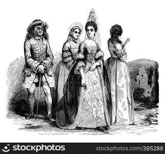 1698 costumes, vintage engraved illustration. Colorful History of England, 1837.
