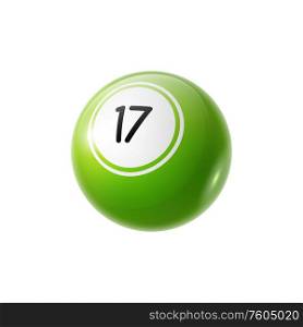 17 number in bingo lottery isolated lucky ball. Vector sphere to play billiard. Keno lottery ball with seventeen number isolated
