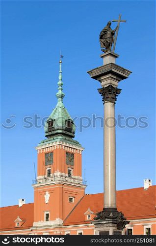 17th century King Sigismund III Vasa statue on top of the Corinthian column and Royal Castle in Warsaw, Poland.