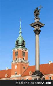 17th century King Sigismund III Vasa statue on top of the Corinthian column and Royal Castle in Warsaw, Poland.