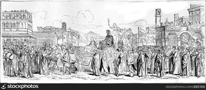 1836 Exhibition of Painting, The Triumph of Petrarch, vintage engraved illustration. Magasin Pittoresque 1836.