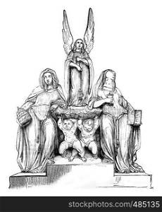 1836 Sculpture Show, A Holy water font, indicated to the church of the Madeleine, vintage engraved illustration. Magasin Pittoresque 1836.