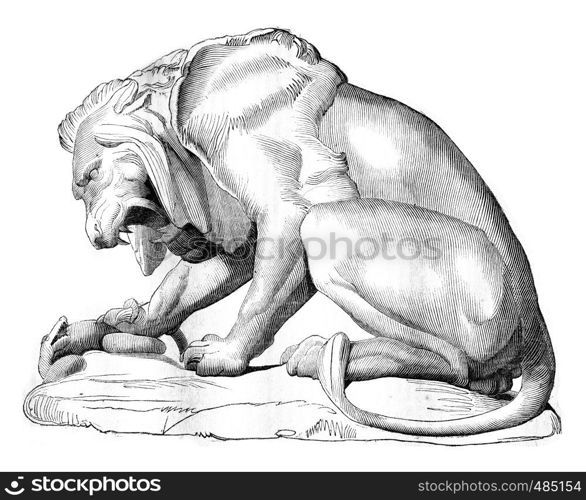 1836 Sculpture Show, A Lion and a Bronze Snake group, vintage engraved illustration. Magasin Pittoresque 1836.